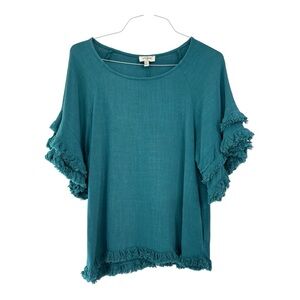 Umgee Scoop Neck Top Linen Blend Blue Fringe Hem & sleeve Size small
